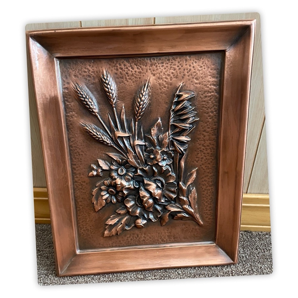 Antique Copper Floral Wall Hanging Albert Gilles Signed 15.25x12.25 Repousse